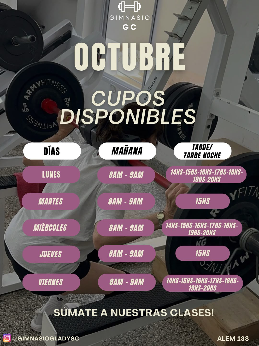 Horarios semanales del gimnasio: Lunes: 08:00 a 09:00, 14:00 a 15:00, 15:00 a 16:00, 16:00 a 17:00, 17:00 a 18:00, 18:00 a 19:00, 19:00 a 20:00, 20:00 a 21:00; Martes: 08:00 a 09:00, 15:00 a 16:00; Miércoles: 08:00 a 09:00, 14:00 a 15:00, 15:00 a 16:00, 16:00 a 17:00, 17:00 a 18:00, 18:00 a 19:00, 19:00 a 20:00, 20:00 a 21:00; Jueves: 08:00 a 09:00, 15:00 a 16:00; Viernes: 08:00 a 09:00, 14:00 a 15:00, 15:00 a 16:00, 16:00 a 17:00, 17:00 a 18:00, 18:00 a 19:00, 19:00 a 20:00, 20:00 a 21:00.